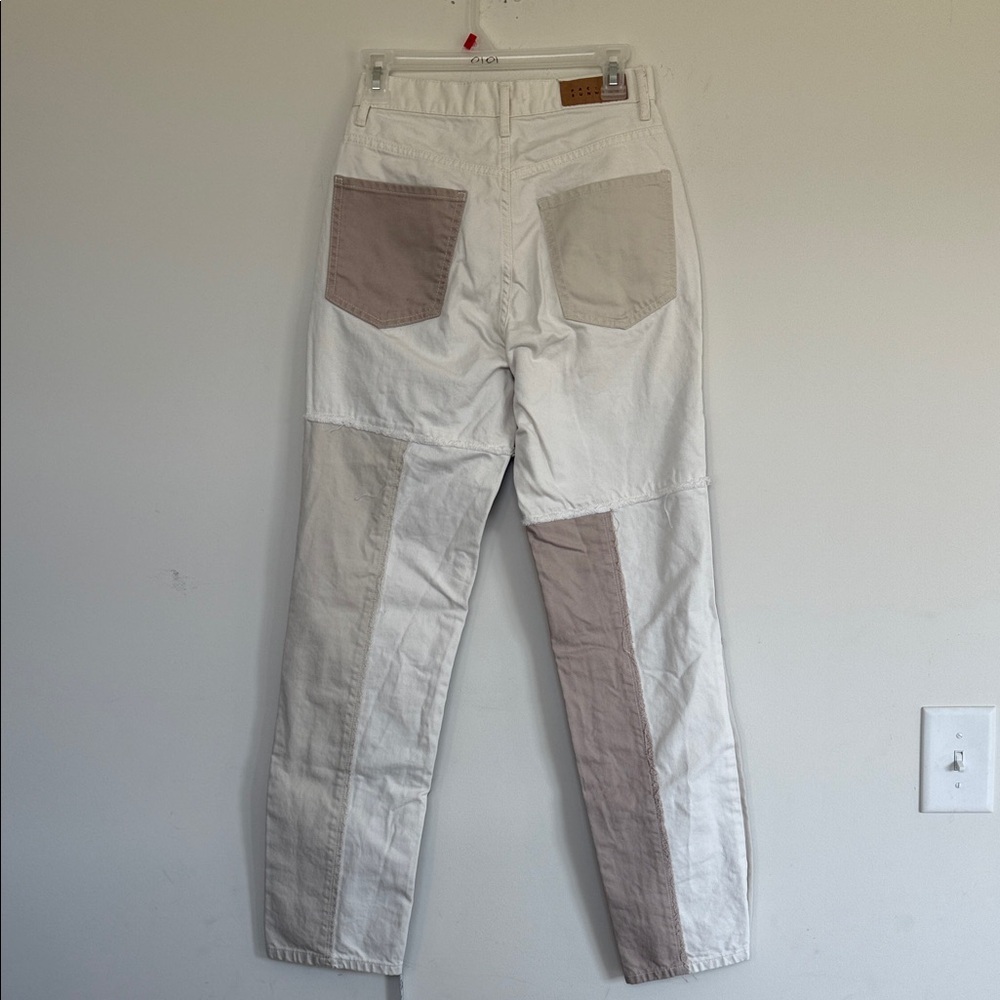 PacSun Women's Patchwork Straight Leg Jeans - Cream and Brown - Picture 6 of 11